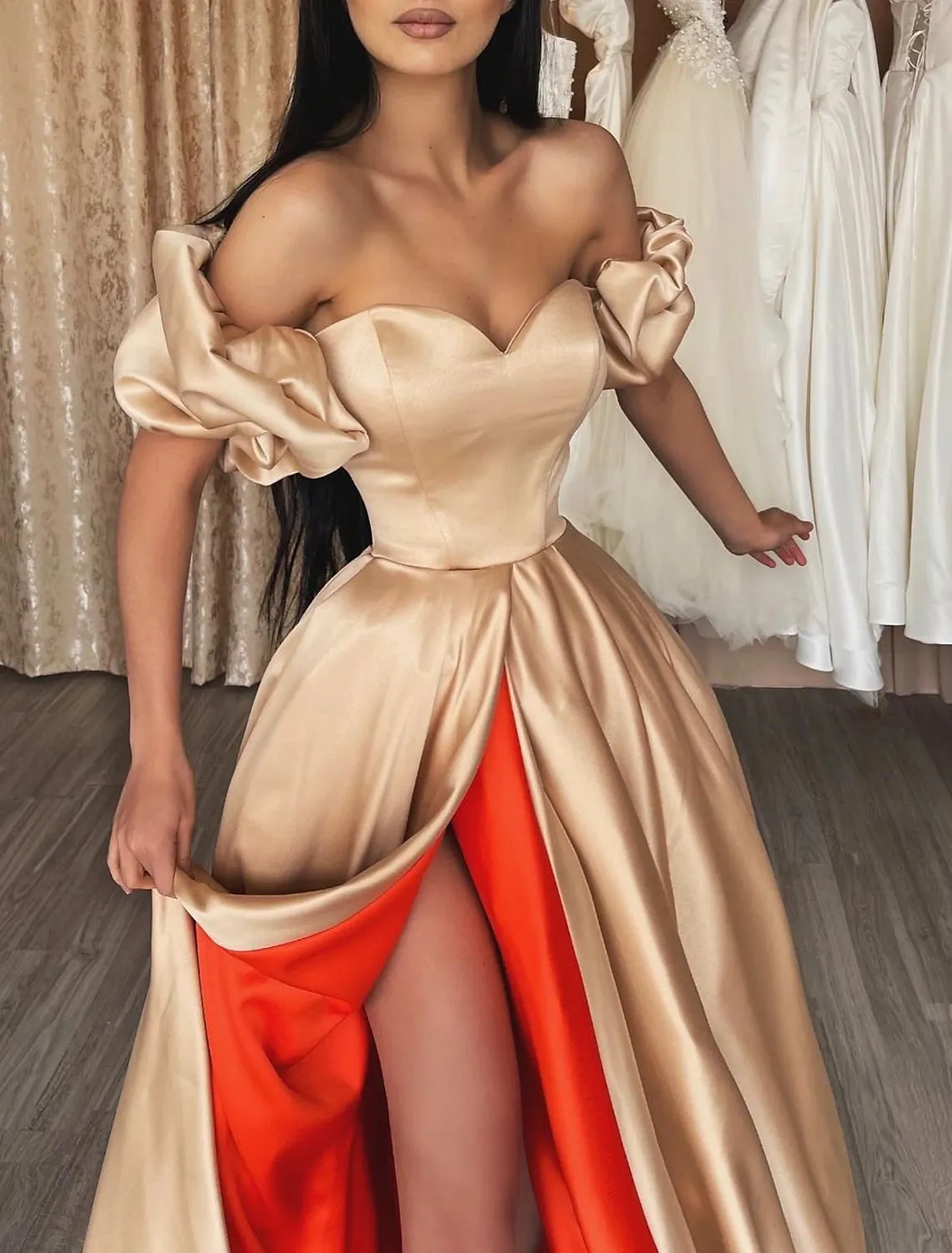 A-Line Color Block Sexy High Split Formal Evening Dress Off Shoulder Short Sleeve Court Train Charmeuse with Slit Splicing