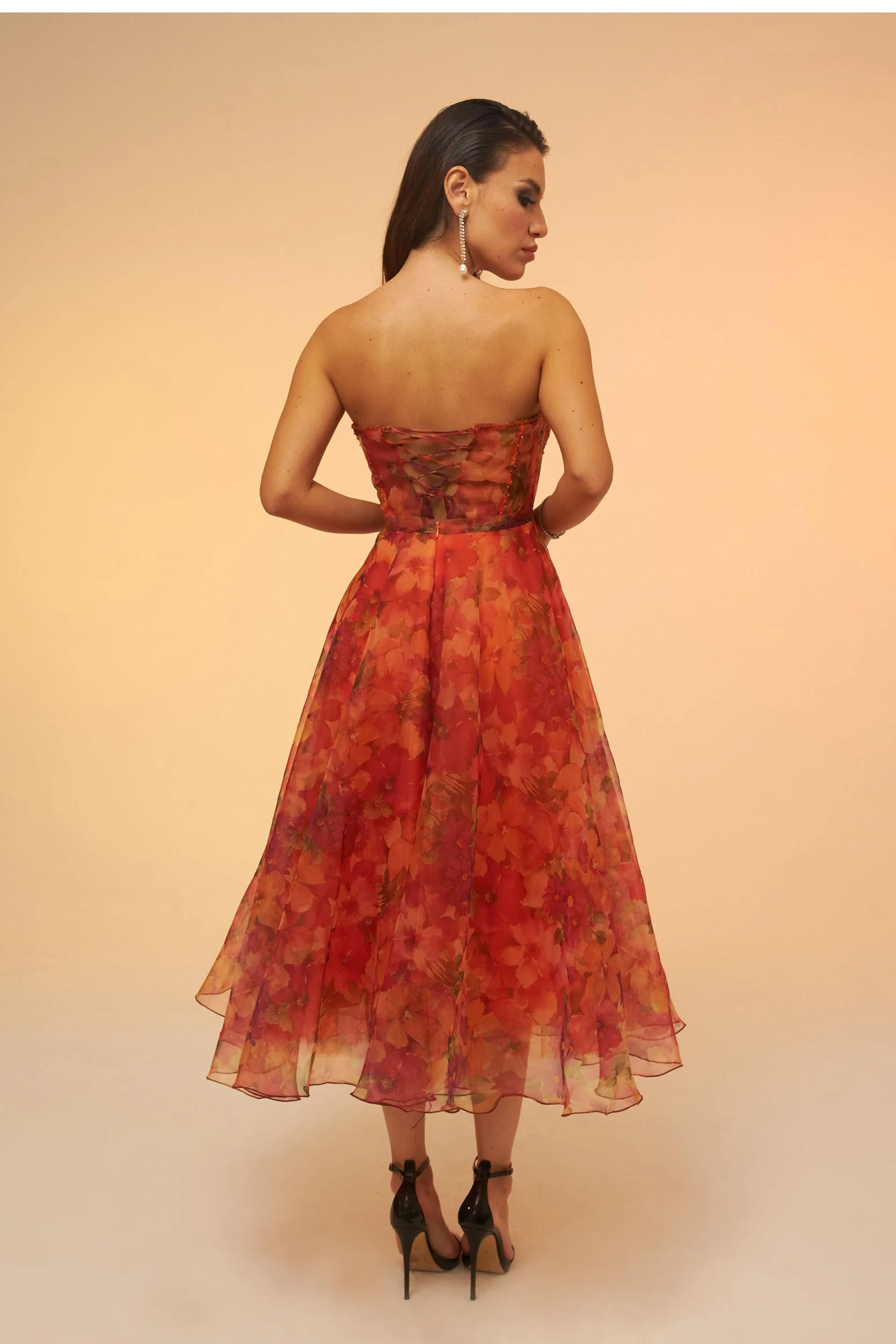 Angelino Orange Printed Strapless Midi Evening Dress