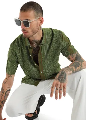 Fabula Olive Green Print Half Sleeve Shirt