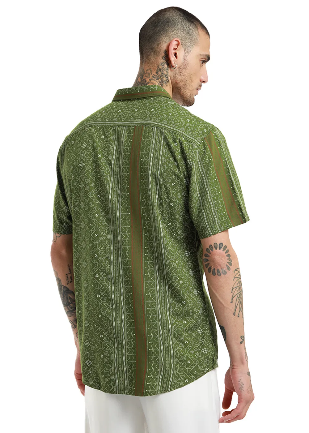 Fabula Olive Green Print Half Sleeve Shirt