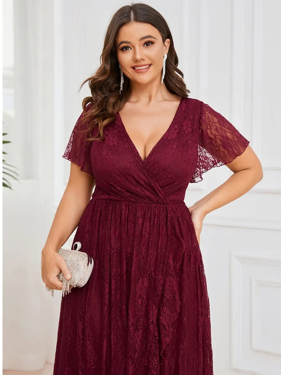 Pleated V-Neck Short Sleeve Ruffled Lace Wedding Guest Dress