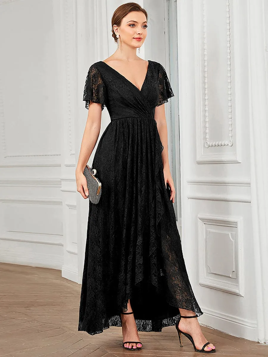 Pleated V-Neck Short Sleeve Ruffled Lace Wedding Guest Dress